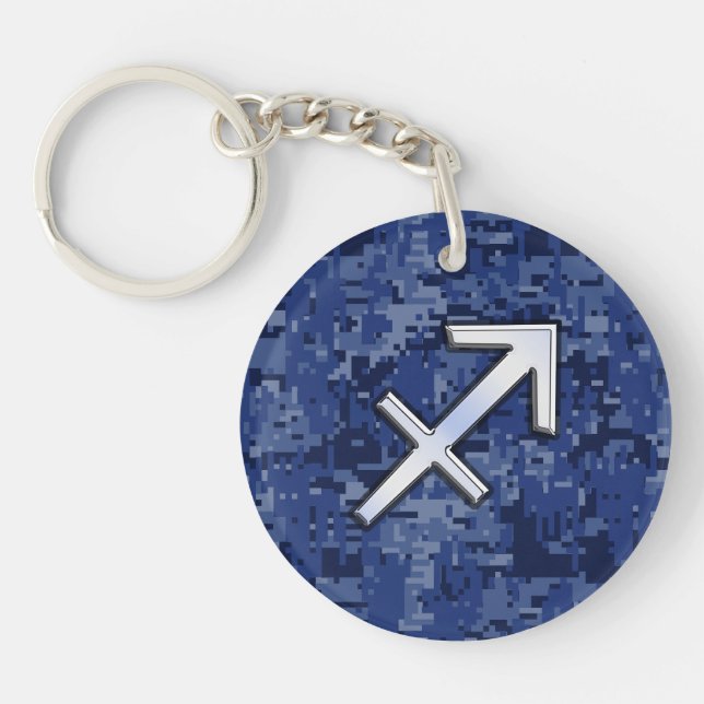 Modern Sagittarius Zodiac Sign Navy Digital Camo Keychain (Front)