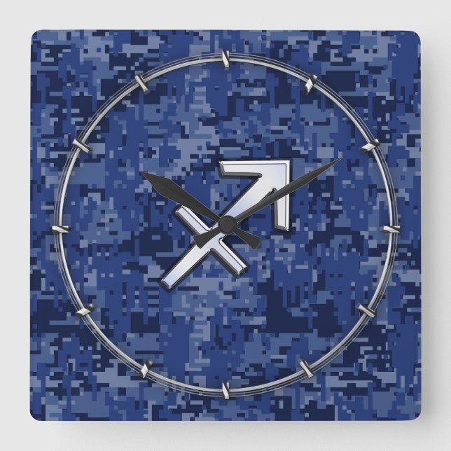 Modern Sagittarius Zodiac Sign Navy Digital Camo Square Wall Clock (Front)