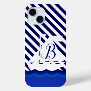 Modern Sailboat Monogram Custom iPhone 15 Case