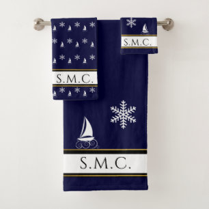 Modern Sailboat Snowflake  Navy Blue White  Bath Towel Set