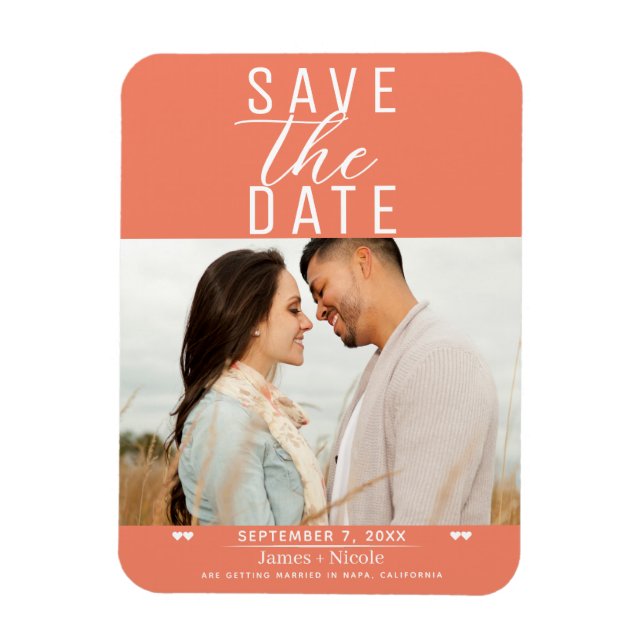 Modern Salmon Pink Save the Date Wedding Photo Magnet (Vertical)