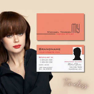 Modern Salmon White Coral with Monogram and Photo Business Card