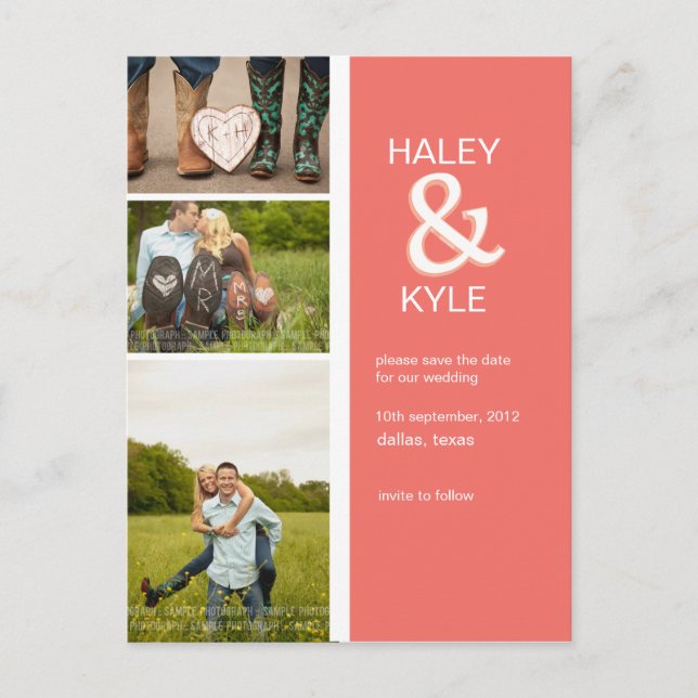 Modern Salmon & White Save the Date Photo Postcard (Front)