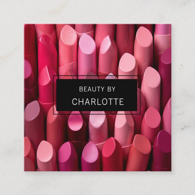 Modern, salon, makeup, beauty, lipstick photo square business card (Front)