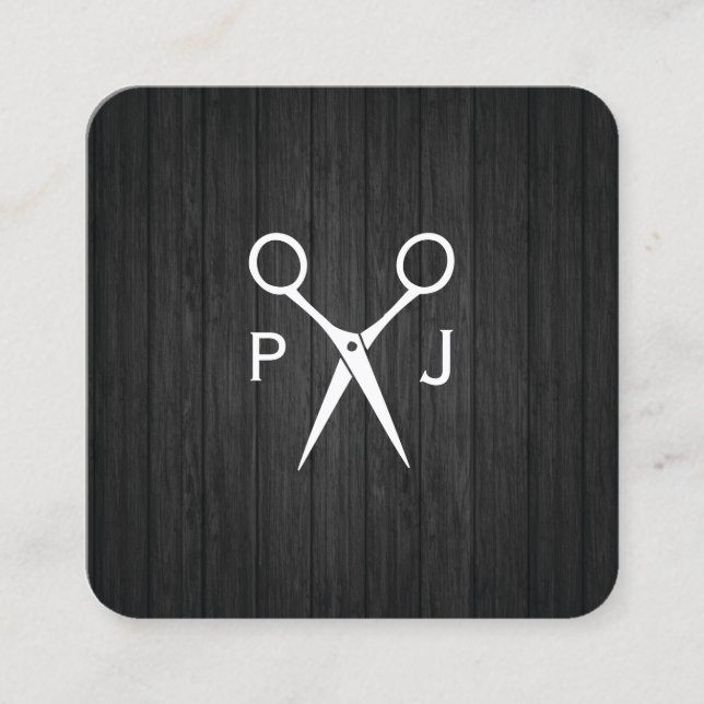 Modern Salon Shears Monogram (Wood) Square Business Card (Front)