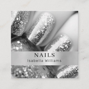 Modern salon silver glitter nails square business card