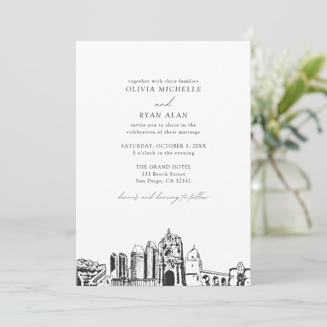 Modern San Diego Landmarks Black & White Wedding Invitation (Standing Front)