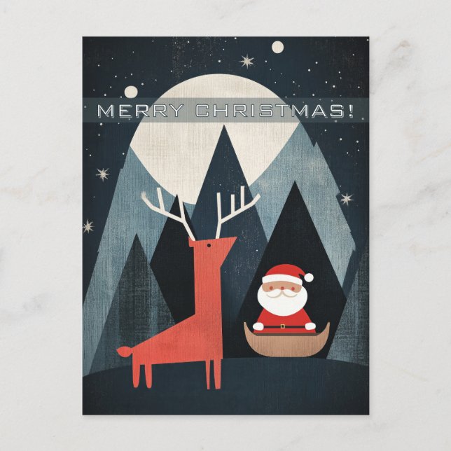 Modern Santa and Elk Illustration Postcard (Front)