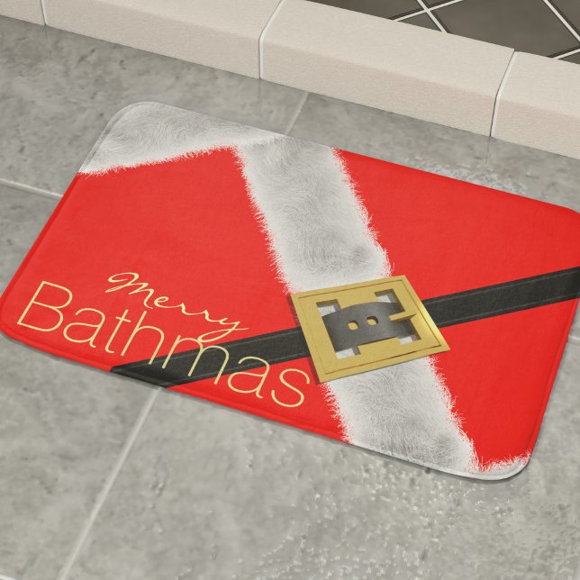 Modern Santa Festive Red and White Bath Mat (Fun and festive santa themed bath mat for your holiday decor)