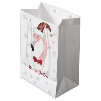 Modern Santa Flamingo Snowflake Christmas Medium Gift Bag