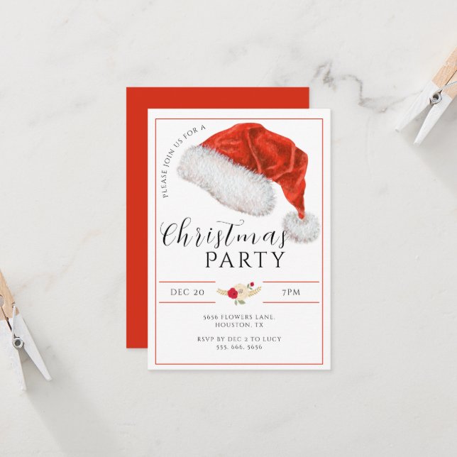 Modern Santa Hat Christmas Party Invitation (Front/Back In Situ)