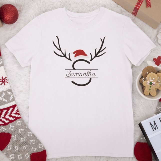 Modern Santa Monogram Antler Christmas Custom Name T-Shirt (Creator Uploaded)