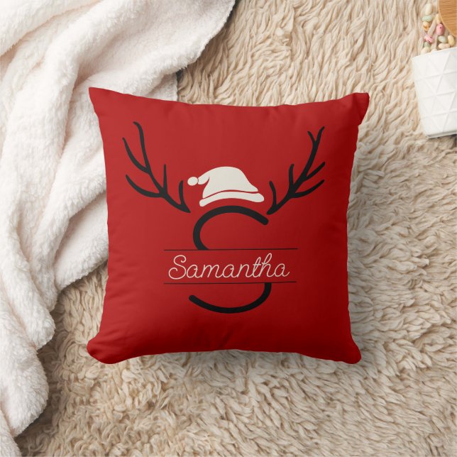 Modern Santa Monogram Antler Christmas Custom Name Throw Pillow (Blanket)