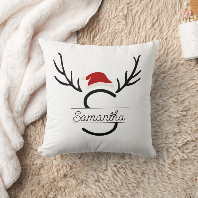 Modern Santa Monogram Antler Christmas Custom Name Throw Pillow (Blanket)