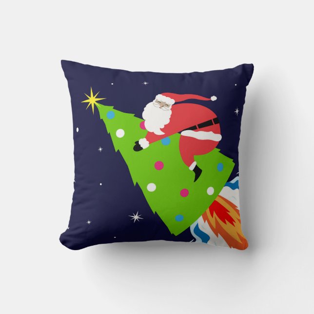 Modern Santa On Christmas Tree Rocket Funny Space Throw Pillow (Front)