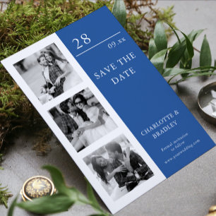 Modern Sapphire Blue Four Photo Wedding Save The Date