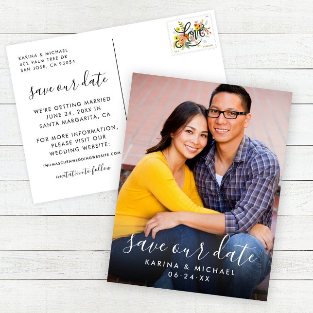Modern Save Our Date Handwritten Script Photo Announcement Postcard (Creator Uploaded)