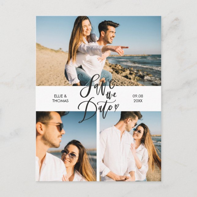 Modern Save the Date 3 Photo Collage Script Postcard (Front)