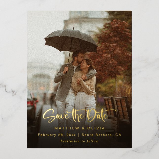 Modern Save the Date Calligraphy Script w/Photo Foil Invitation Postcard (Front)