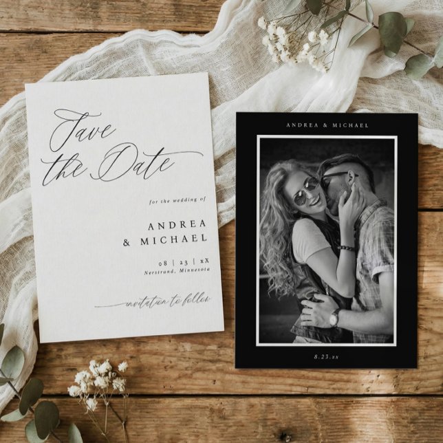 Modern Save the Date Card Elegant Wedding (Elegant black and white photo wedding save the dates with modern script calligraphy)