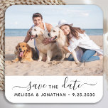 Modern Save The Date Couple Engagement Pet Photo  Square Paper Coaster<br><div class="desc">Add the finishing touch to your dog wedding save the dates with these custom photo, and personalized 'Save The Date' stickers. Customize with your favourite photo, names and date. These pet wedding dog save the date stickers are perfect for engagement party, save the date pet announcement, dog save the date...</div>