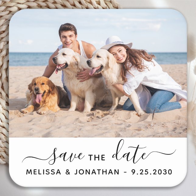 Modern Save The Date Couple Engagement Pet Photo  Square Paper Coaster (Creator Uploaded)