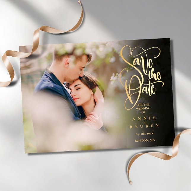 Modern Save the Date Elegant Gold Script Photo Magnetic Invitation (Creator Uploaded)