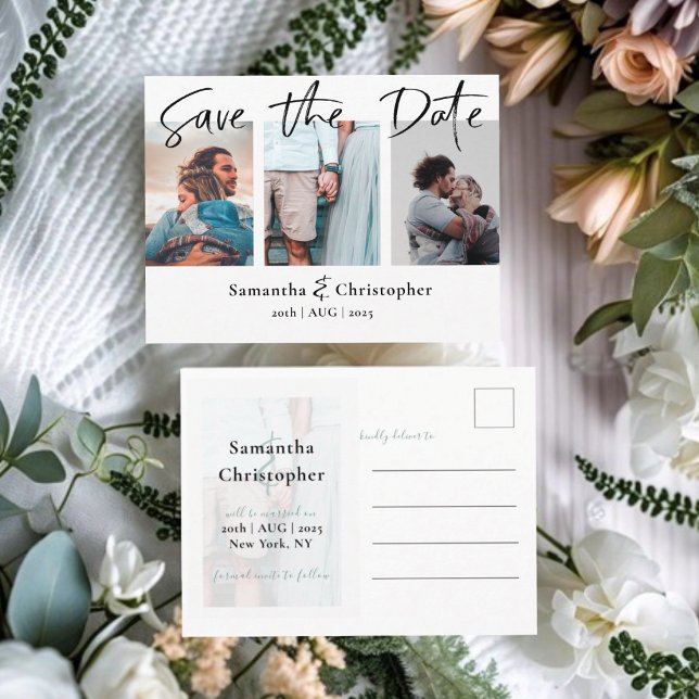 Modern Save the Date Elegant Script Photo Collage Announcement Postcard (Creator Uploaded)
