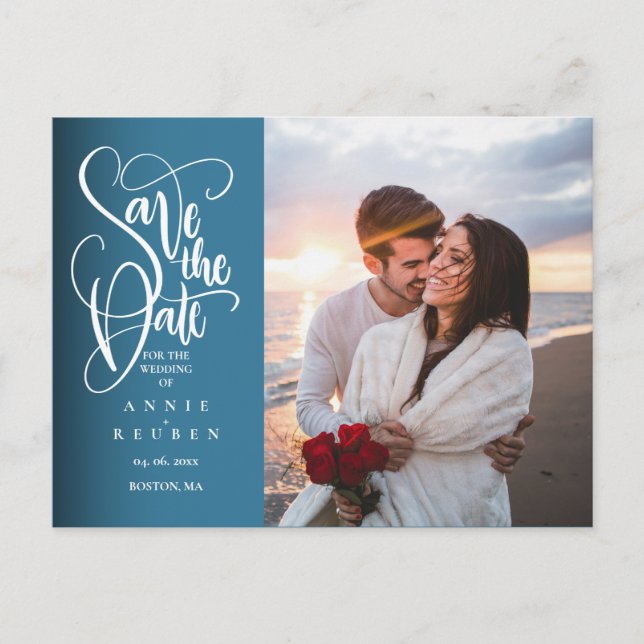Modern Save the Date Elegant White Script Photo Announcement Postcard (Front)