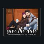 Modern Save The Date Engagement Photo Blk Postcard<br><div class="desc">Modern Save The Date Engagement Couple Photo Postcard - Black with White Script</div>