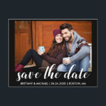 Modern Save The Date Engagement Photo Blk Postcard<br><div class="desc">Modern Save The Date Engagement Couple Photo Postcard - Black with White Script</div>