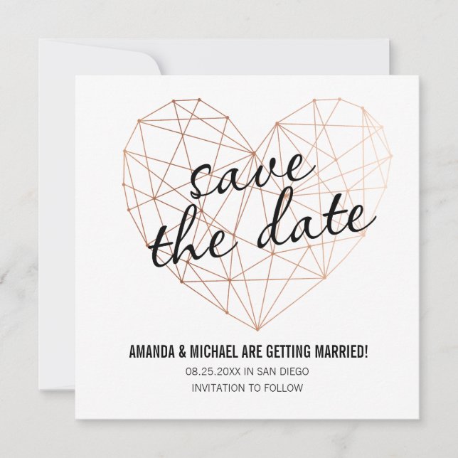 Modern save the date geometric rose gold heart (Front)