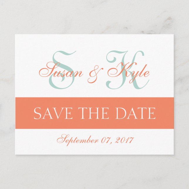 Modern Save the Date Mint Green Orange Monogram Announcement Postcard (Front)