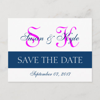 Modern Save the Date Navy Blue, Fuchsia (FF00FF) Announcement Postcard