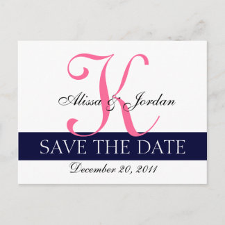 Modern Save the Date Navy Blue Pink Monogram Announcement Postcard