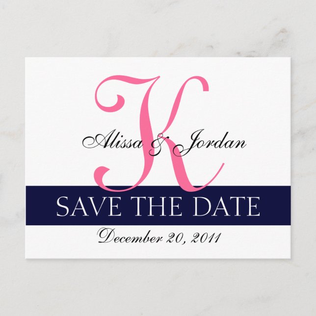 Modern Save the Date Navy Blue Pink Monogram Announcement Postcard (Front)