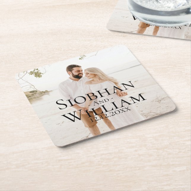 Modern Save The Date Personalized Photo Square Paper Coaster (Angled)