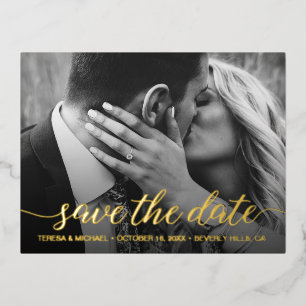 Modern Save the date Photo Wedding Gold Foil Invitation Postcard