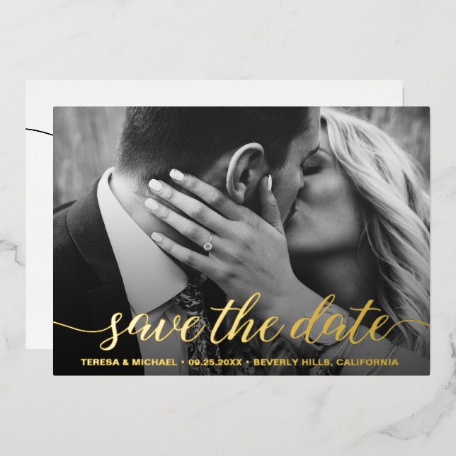 Modern Save the date Photo Wedding Real Gold Foil  Foil Holiday Card (Front/Back)