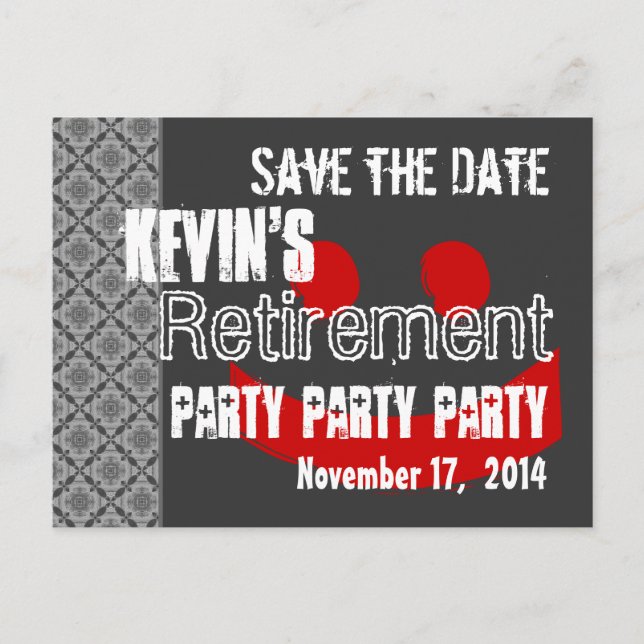Modern Save the Date Retirement Party Grey Red Announcement Postcard (Front)