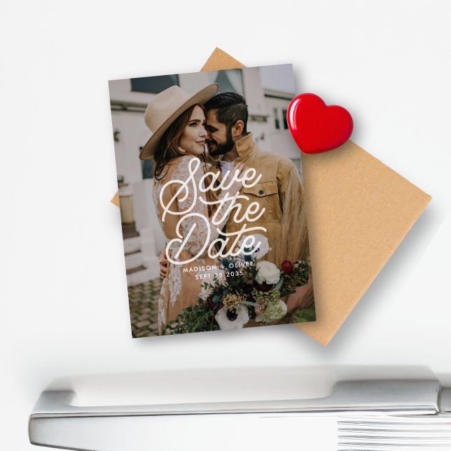 Modern Save The Date Retro Script Photo Wedding Magnet (Creator Uploaded)