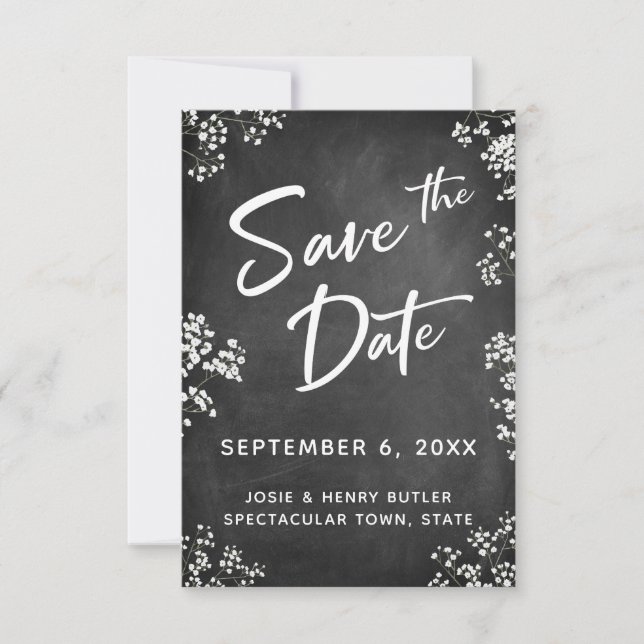 Modern Save the Date w/ Baby's Breath & Chalkboard RSVP Card (Front)