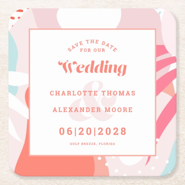Modern  Save The Date Wedding Pattern Coral Teal Square Paper Coaster (Front)