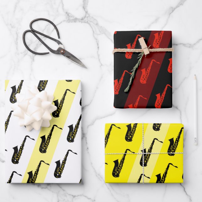 Modern Saxophone Pattern Jazz Black White Red Saxo Wrapping Paper Sheet (Front)