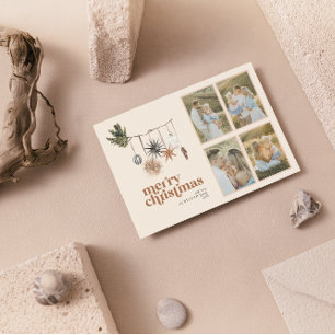 Modern Scandi Boho Neutral Family 4 Photo Merry Holiday Card