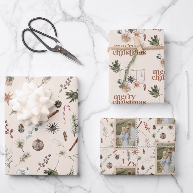 Modern Scandi Boho Neutral Merry Christmas Photo Wrapping Paper Sheet (Front)
