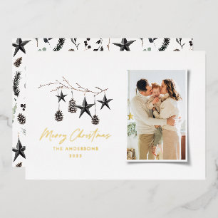 modern scandi elegant script Christmas photo Foil Holiday Card