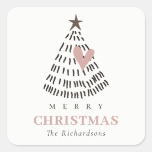 Modern Scandi Minimal Blush Heart Christmas Tree Square Sticker