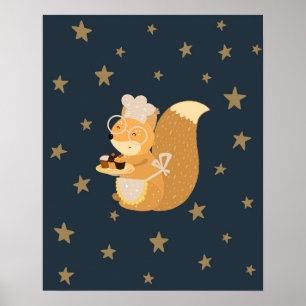 Modern scandi  squirrel with cupcakes  nursery poster