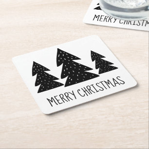 Modern Scandi Whimsical Woodland Black and White Square Paper Coaster